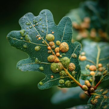 Strange galls on a green oak leaf created by insects.