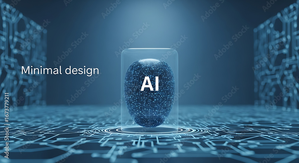 Poster artificial intelligence concept with ai text inside a digital head in a glass container on a circuit
