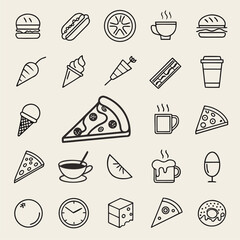 Food Icons Grid: Pizza, Burgers, Coffee, Ice Cream & Donuts Line Art.


