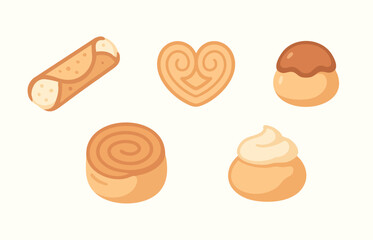 Pastry sweets icons cannoli palmier cream puff swirl roll and frosting