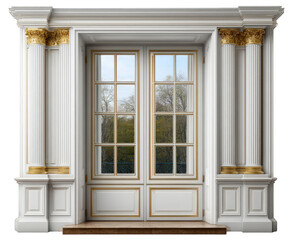 Fototapeta premium Elegant luxury mansion window design with classical architectural columns, gold accents, and large glass panes, creating sophisticated and timeless atmosphere