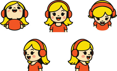 Girl avatar with headphones various expressions and angles