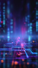 Futuristic cityscape, glowing neon lines, digital network