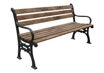 Isolated wooden park bench classic design outdoor, vintage iron frame, street furniture