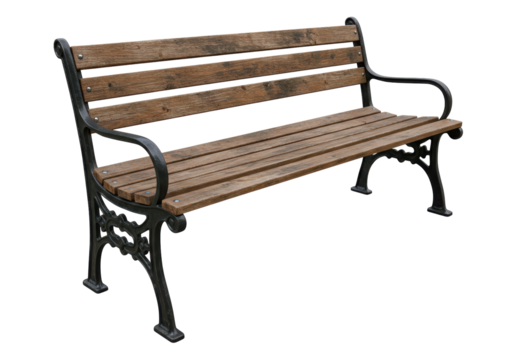 Isolated wooden park bench classic design outdoor, vintage iron frame, street furniture
