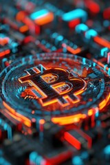 Bitcoin symbol on glowing circuit board