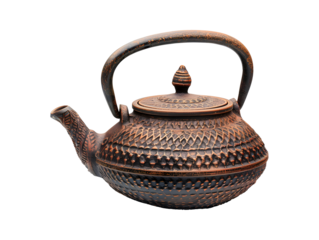 decorative cast iron teapot with intricate pattern isolated on white background for tea and kitchenware concept