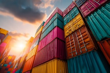 Fototapeta premium Colorful shipping containers stacked high on a massive cargo ship in a bustling port, with a bright sun flare cresting over the top containers.