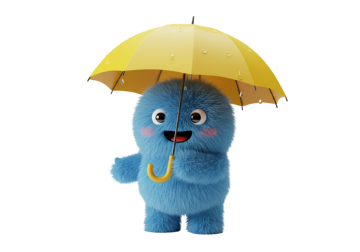 Isolated blue furry monster holds yellow umbrella with raindrops for digital art
