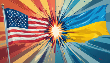 Conflict representation united states and ukraine flags digital art explosive background vibrant colors symbolism