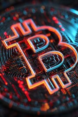 Bitcoin symbol, circuit board, glowing