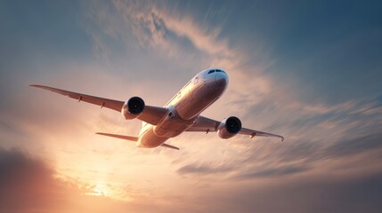 Airplane flying in the sky during sunset with clouds and sun rays in the background view from below