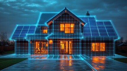Modern home with solar panels at night, outlined by digital grid