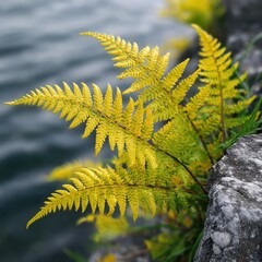 Vibrant yellow fern by water's edge