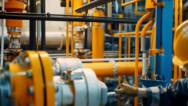 A worker in protective clothing and a yellow helmet adjusts industrial equipment. Useful for topics related to industry, technical maintenance, occupational safety, and production processes.
