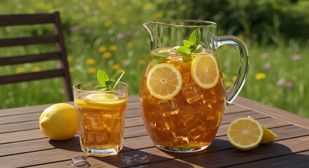 A refreshing iced tea drink prepared with lemon slices and mint leaves
