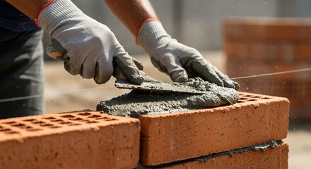 Gloved hands of a bricklayer using a trowel to apply mortar on red bricks, building a wall at a sunny construction site.