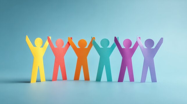 Colorful paper cutouts of diverse people standing together with raised arms, celebrating unity and collaboration in a vibrant and playful scene