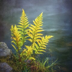 Yellow fern by water, textured background