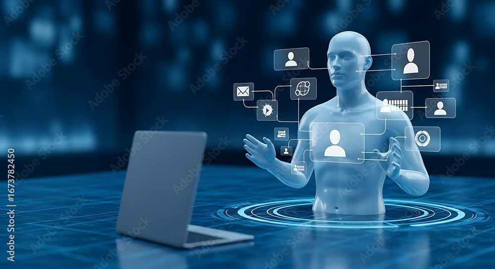 Poster humanoid figure interacting with digital interfaces and a laptop in a futuristic setting