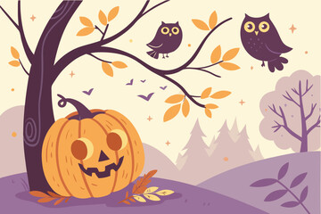 Autumn Halloween Scene with Pumpkin and Owls Vector Illustration