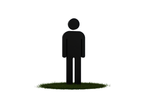 Isolated stick figure on grass, standing in an open field, 3D, rendering, minimalistic