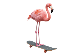 Isolated Greater Flamingo standing on a skateboard. Wild bird. Amusing scene. Urban Wildlife.