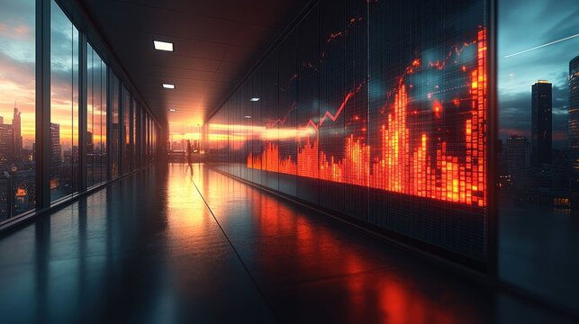 Modern office hallway, city view, stock market display