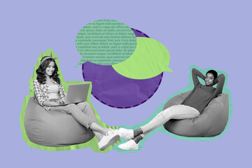 Creative pop poster sketch art collage of two happy girls sit beanbag hold laptop bubble...