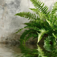 Lush fern by a textured wall reflects in water