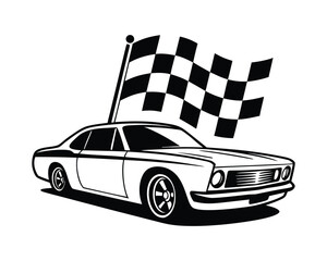 Black and white checkered flags wave as a race car speeds to the finish line, symbolizing the thrill of victory and competition in a high-speed sport