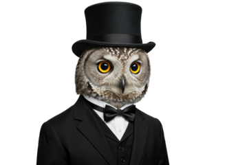 Isolated anthropomorphic owl in suit and top hat, an elegant avian creature concept