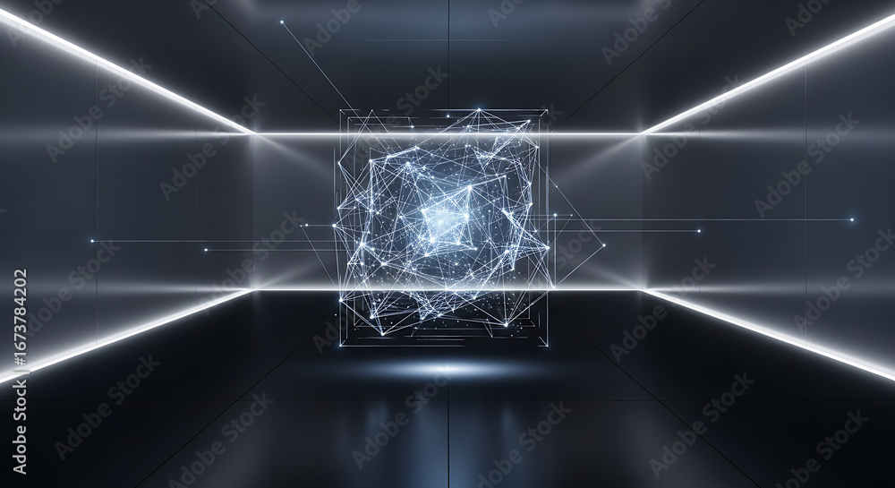Poster abstract digital cube with glowing lines and points in a futuristic dark space with light beams