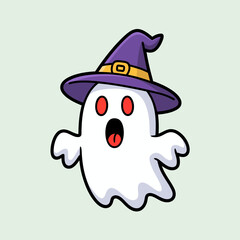 Cute Cartoon Ghost with Witch Hat – Halloween Spooky Character Illustration
