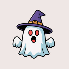 Cute Cartoon Ghost with Witch Hat – Halloween Spooky Character Illustration