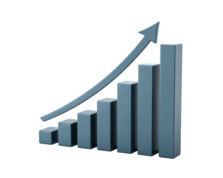 Minimal bar chart with upward arrow modern infographic element blue 3D columns growth success business data financial increase isolated on transparency background