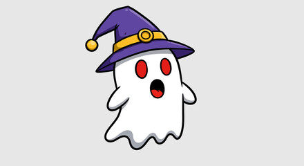 Cute Cartoon Ghost with Witch Hat – Halloween Spooky Character Illustration
