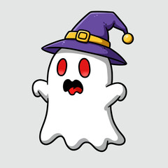 Cute Cartoon Ghost with Witch Hat – Halloween Spooky Character Illustration