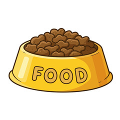 Cartoon Pet Food Bowl with Kibble – Yellow Dish Filled with Dog Food