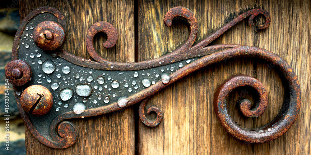 Poster a rusty metal object with a spiral design and water droplets on it. the water droplets are small and