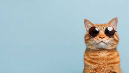 Portrait of a cool ginger tabby cat wearing stylish round sunglasses, looking confident against a plain blue background with copy space