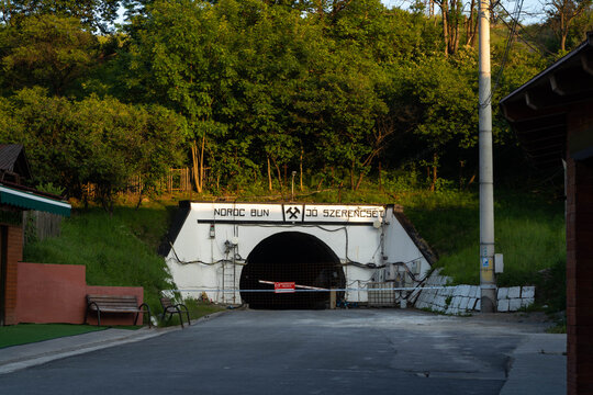 Praid, Romania-18 July 2025: Closed salt mine entrance, Noroc Bun in romanian, Jo Szerencset in hungarian meaning good luck for miners.