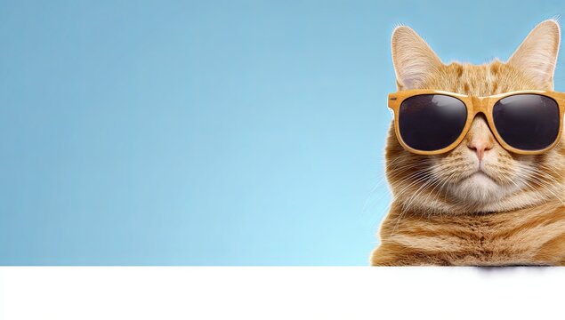 Cool cat wearing sunglasses on a blue background, advertising or product placement