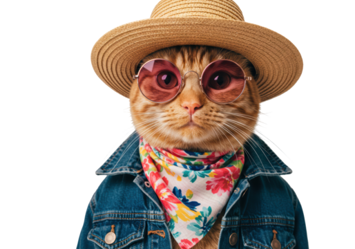 Isolated ginger cat wearing stylish hat, sunglasses, and denim jacket looks at camera - Powered by Adobe