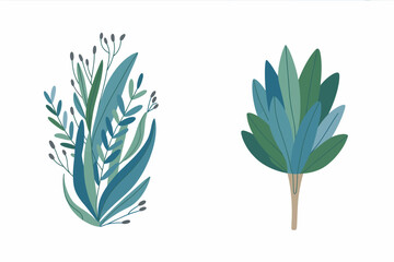 Botanical Illustration of Teal and Green Plants on White Background Digital Art Style Decorative Elements Isolated