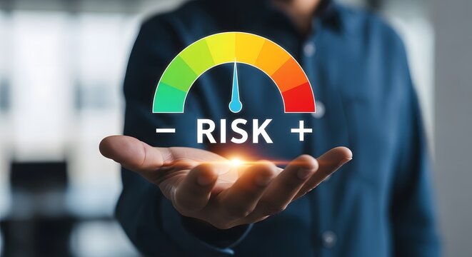 Man holding a risk meter gauge showing moderate risk, visualizing financial planning and investment strategy decision making.