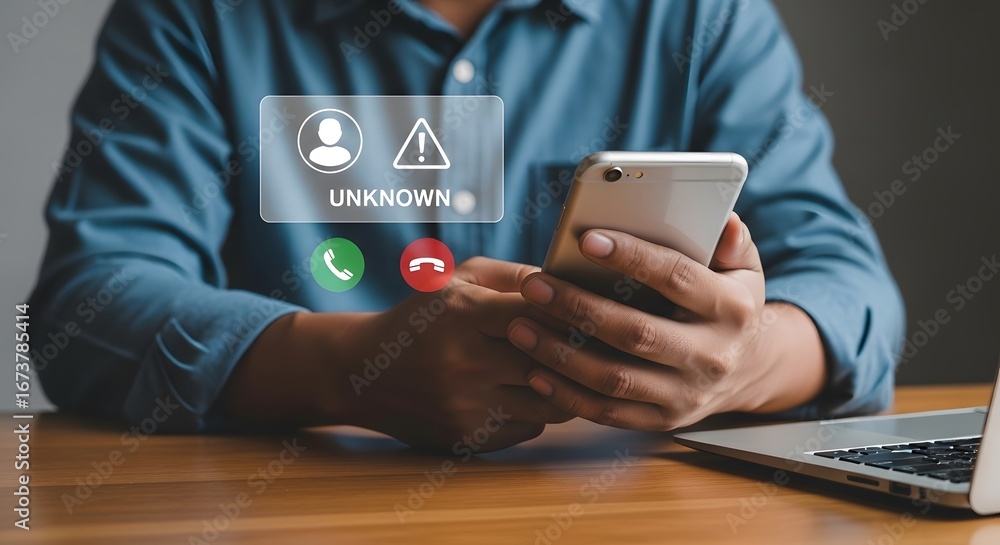 Aufkleber man holds smartphone receiving unknown call with accept and decline options displayed, representing 