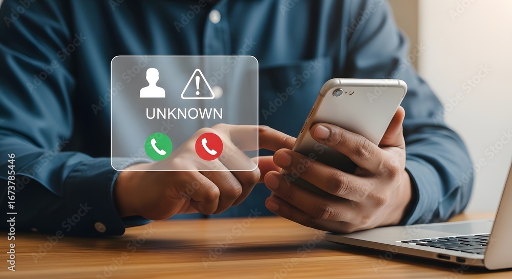 Aufkleber man holding smartphone receiving incoming call from unknown number with alert icon, considering whet