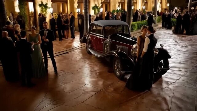 A couple in evening attire stands next to a vintage car in front of a lit building, creating an atmosphere of luxury and nightlife. Useful for advertising events, wedding photo shoots, articles about 