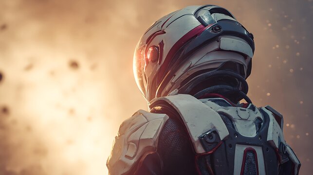 A futuristic astronaut, clad in sleek armor, gazes into a fiery explosion, evoking a sense of adventure and danger.